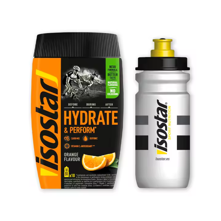 Pack Isostar - Hydrate and Perform, Preparado de Bebida Isotónica para la Reposición de Hidratos de Carbono y Electrolitos, con Vitaminas y Minerales, Ayuda a Mejorar el Rendimiento Deportivo, Sabor Naranja + Bidón Winter White – Bote 400 Gramos - 1