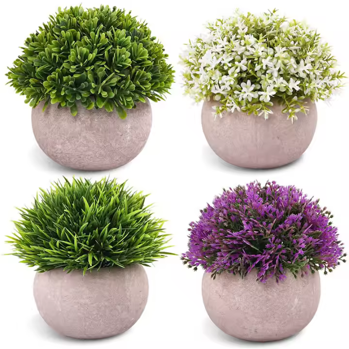 Flores Artificiales,Flor Falsa,Plantas de Flores Artificiales, Set de 4 Plantas Artificiales with Césped Verde en Macetas Grises, Plantas de Plástico Decorativas, oficinas y exteriores - 1