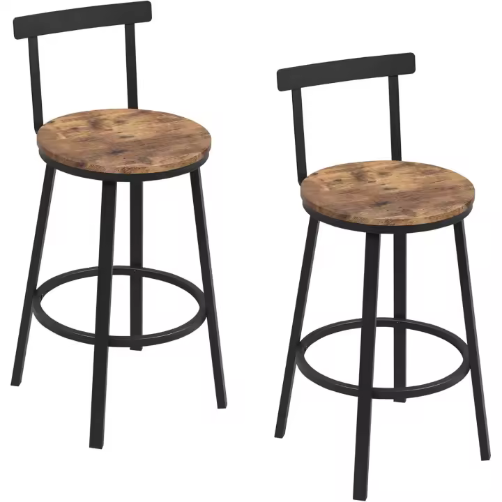 2X Taburetes Bar, Taburetes Altos Cocina con Respaldo Bajo y Reposapiés, Taburetes con Asiento MDF y Patas de Metal, Apto para Comedor, Cafeteria, Barra de Desayuno, Marrón rústico - 1