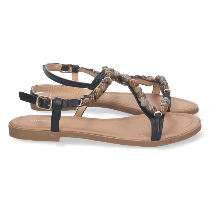 Davinia Shoes Sandalia Plana para Mujer, Comoda, Tira Cruzada con Avalorios, con Cierre de Hebilla en el Tobillo Shoes&Blues.es 7978-Negro - 1