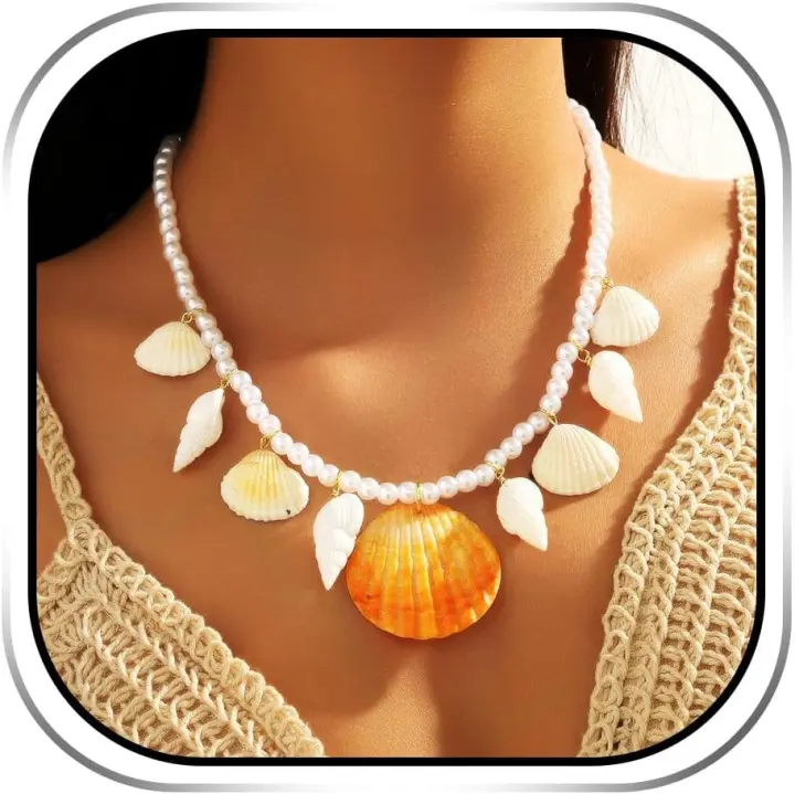 Collar de COHA Estilo Bohemio, collar de Perlas de Playa, collar with Colgante de Caracola para Mujer, Talla única, Coha, Caracola, Pearl, No es una roca Preciosa - 1