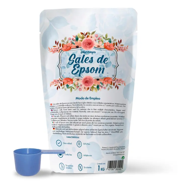 Plantawa Sales de Epsom 1KG | Sal de Baño Concentrado de Magnesio Puro | Sales 100% Naturales para Baño Relajante y Mejora el Sueño. Sales para Pieles Sensibles y Piel Atopica. Relajación Muscular - 1