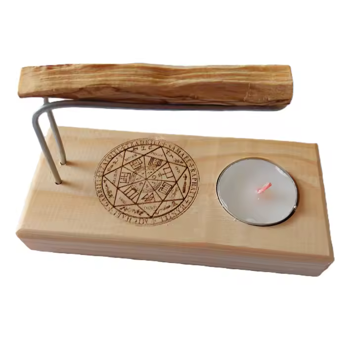 Quemador de Palo Santo e Inciensos Artesanal con base de madera, varillas metalicas, incluye velita de te y palo santo, imagen y simbologia 7 Arcageles marca YA-DECOREGALOS - 1