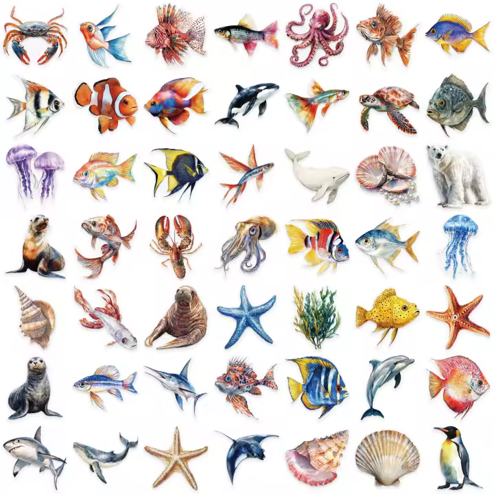 Pegatinas Marinas De Dibujos Animados Transparentes Pack De 50 Piezas Impermeables Para Decoración De Scrapbook Y Diario Adecuadas Para Portátil Y Parachoques - 1