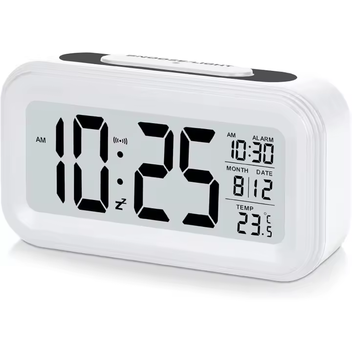 Despertador con pantalla LED de 4,3", despertador digital con alimentación por batería, función de repetición, fácil de usar, color blanco - 1