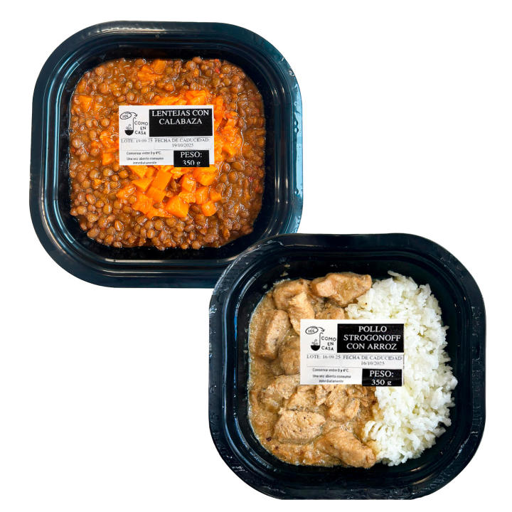 PIDE COMO EN CASA | Platos Preparados Listos para Comer | Lentejas con Calabaza + Albóndigas de Merluza en Salsa Marinera con Arroz ó Garbanzos con cabecero de Lomo + Pollo Strogonoff con Arroz | Pack 2 x 350 g