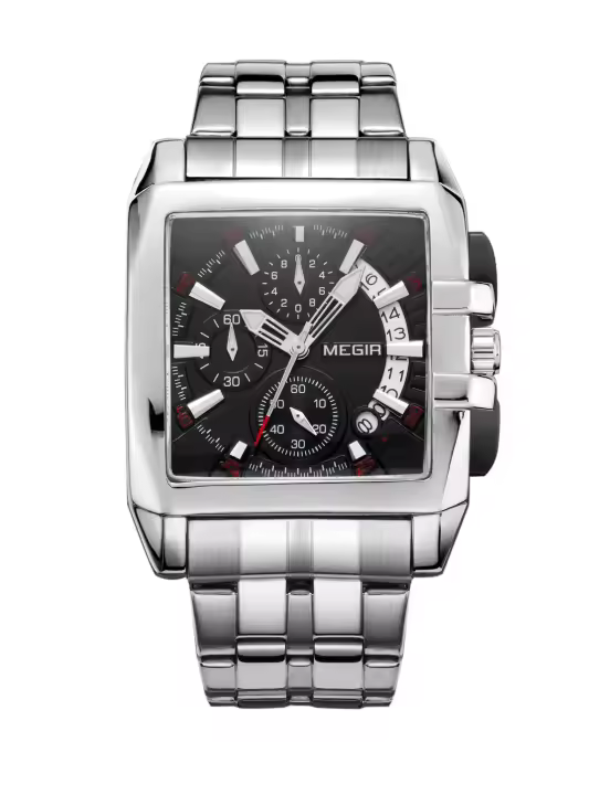 Reloj De Pulsera De Lujo Para Hombres MEGIR De Acero Inoxidable Cuarzo Emprendedor Con Dial Grande Luminoso Cronógrafo Resistente Al Agua Estilo Business - 1