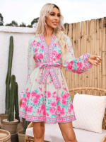 Vestido Elegante Para Mujer Con Manga Larga Y Cuello En V Estampado Con Cierre De Lazo Vestido Corto De Verano A-Line Regular Fit Polyester - details 10