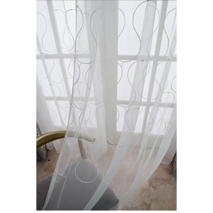 Cortina De Tules Moderna Minimalista Geométrica Con Bordado De Perlas Blancas En Gauze Transparente Para Ventanas Francesas - 1