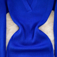 Vestido Largo A-Line Elegante De Cintura Alta Con Escote En V Para Mujer REALEFT Knitted Wrap Vestido De Poliéster Otoño Invierno - details 6