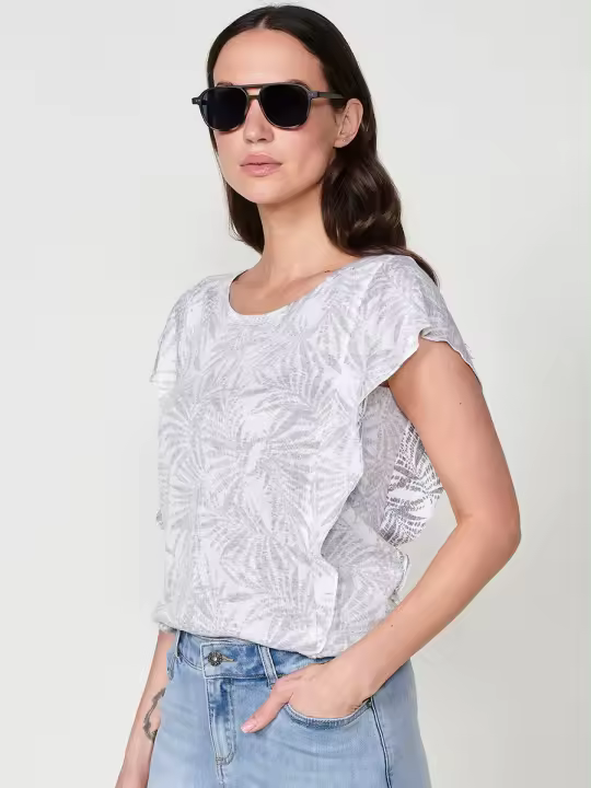 Koroshi Camiseta de manga corta con volantes y cuello redondo con tejido estructura de flamé y estampado de hojas interior y placa metálica con logo Koröshi en el frontal para mujer de color gris - 1