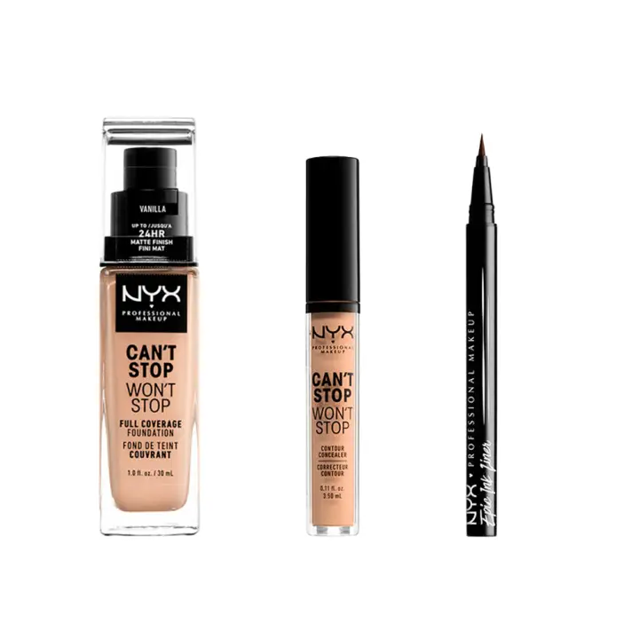 NYX Professional MakeUp | Rutina de Maquillaje Professional: Base de Maquillaje Mate de larga duración Can't Stop Won't Stop tono Vanilla + Corrector Can't Stop Won't Stop tono natural + Epic ink liner Brown. - 1