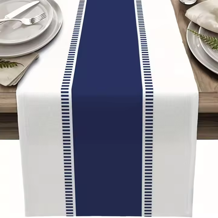 Corredor De Mesa Azul Marfil Navío Con Rayas Estilo Rustico Para Decoración De Comedor Y Cocina Reutilizable Para Fiestas En Casa - 1