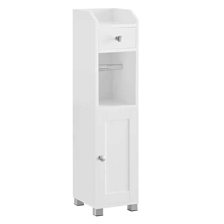 Armario de baño blanco multifuncional con portapapel higiénico, incluye estante ajustable y patas a prueba de agua, ideal para espacios pequeños - 1