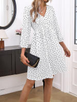 Vestido Midi De Manga 3/4 En Polka Dot Para Mujer Estilo Casual De Otoño Con Cuello En V Y Falda A-line Ajustada Y Floja Para Fiestas - details 2