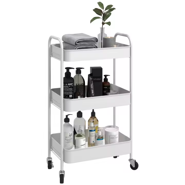 HOMCOM Carro de servicio Carro rodante con 3 pisos, carro de cocina, carro de almacenamiento, carro auxiliar para cocina, sala de estar, acero, blanco - 1