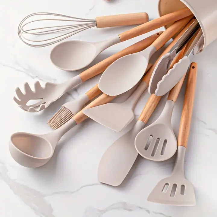 Calor Resistant 12PCs with Mango de Madera Set de Utensilios de Cocina de Silicona - 1
