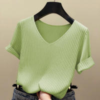 Camiseta De Mujer De Verano Con Cuello En V Y Manga Corta Tejida En Color Negro Y Naranja Estilo Slim Para Ocio Casual - details 10