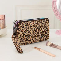 Bolso De Maquillaje Para Mujer En Amarillo Con Patrón De Leopardo Caja De Cosméticos De Tres Capas Bolso De Viaje Monedero Pequeño De Nylon Estilo Fashion - details 1