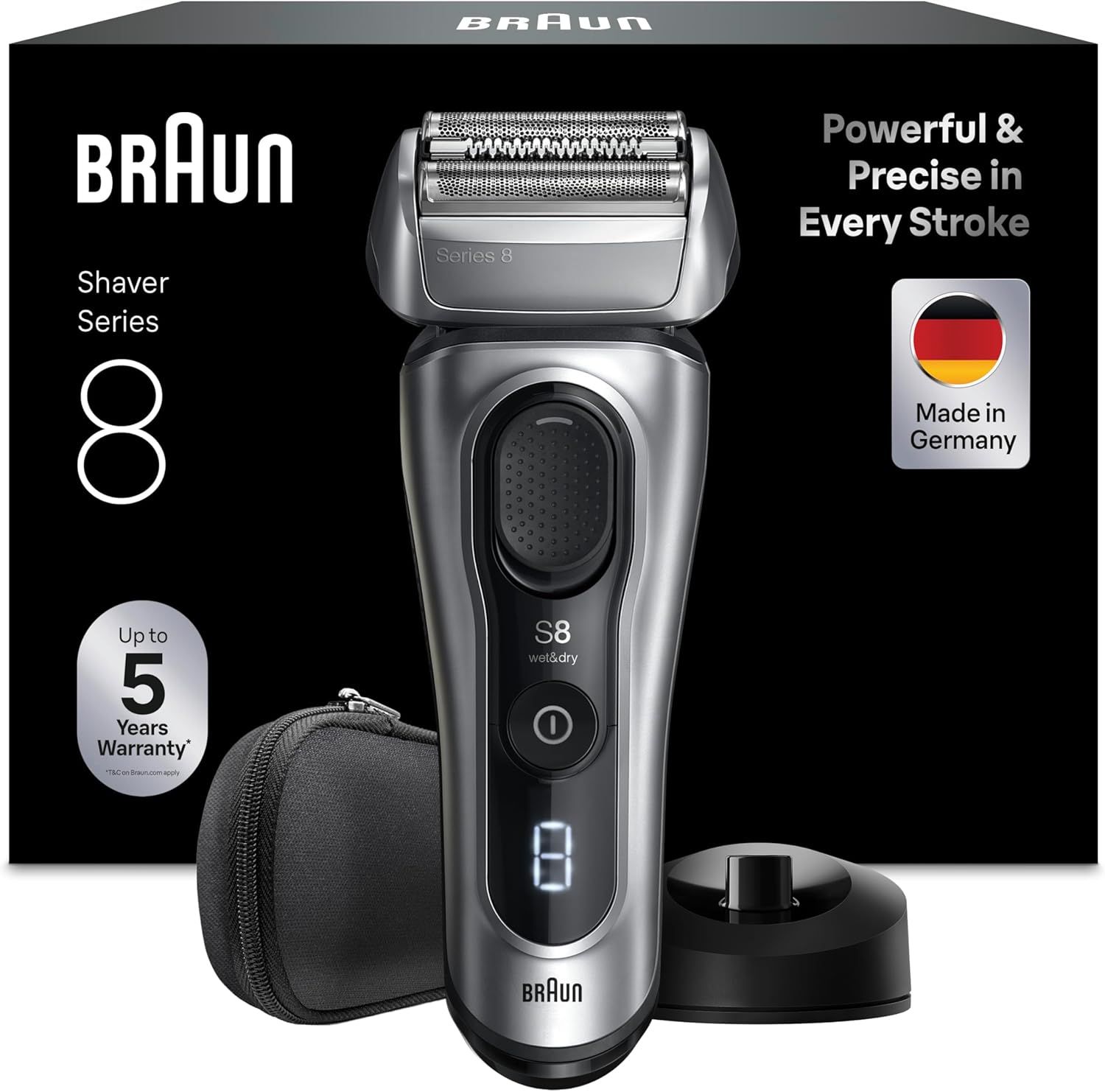 Braun Afeitadora Eléctrica Hombre Series 8, Máquina de Afeitar Barba en Seco y en Mojado con Cabezal de Precisión y Recortadora, 60 Min de Uso, Base de Carga y Estuche de Viaje, 8617s y 8517s, Plata