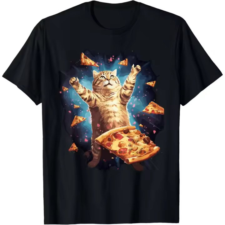 CAMISETA DIVERTIDA DE GATO ESPACIAL COMIENDO PIZZA DE LA GALAXIA - 1