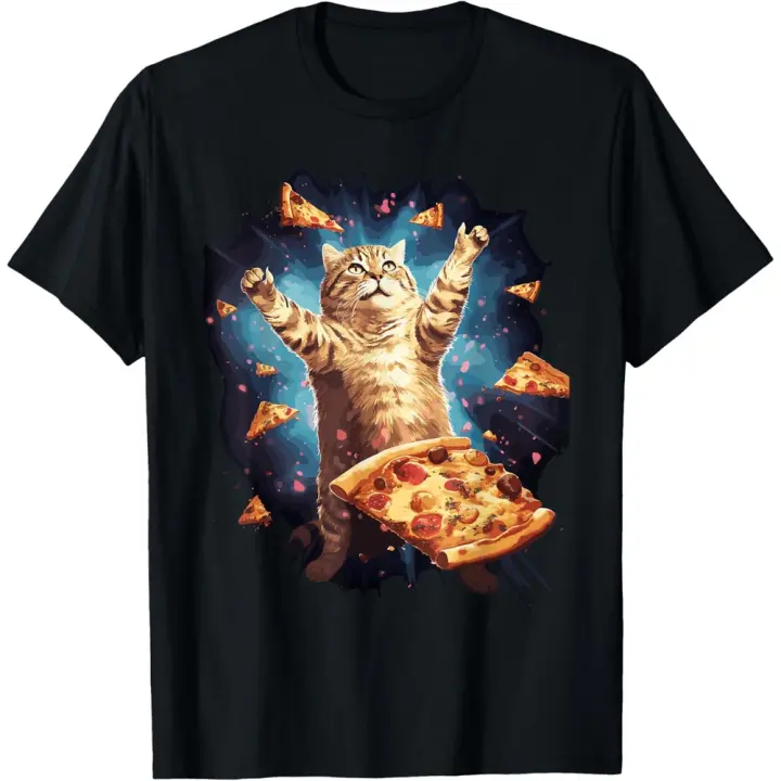 CAMISETA DIVERTIDA DE GATO ESPACIAL COMIENDO PIZZA DE LA GALAXIA - 1