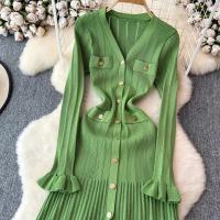 YuooMuoo Vestido Maxi Tejido Otoño Invierno Mujer Elegante V-cuello Botones Cintura Delgada Volantes Suéter Vestido Fiesta - details 6