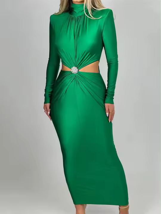Vestido Largo Elegante Para Mujer Con Cuello Alto Y Manga Larga Efecto De Hollow out Adecuado Para Club Fiesta Noche Otoño Invierno Slim Fit Polyester - 1