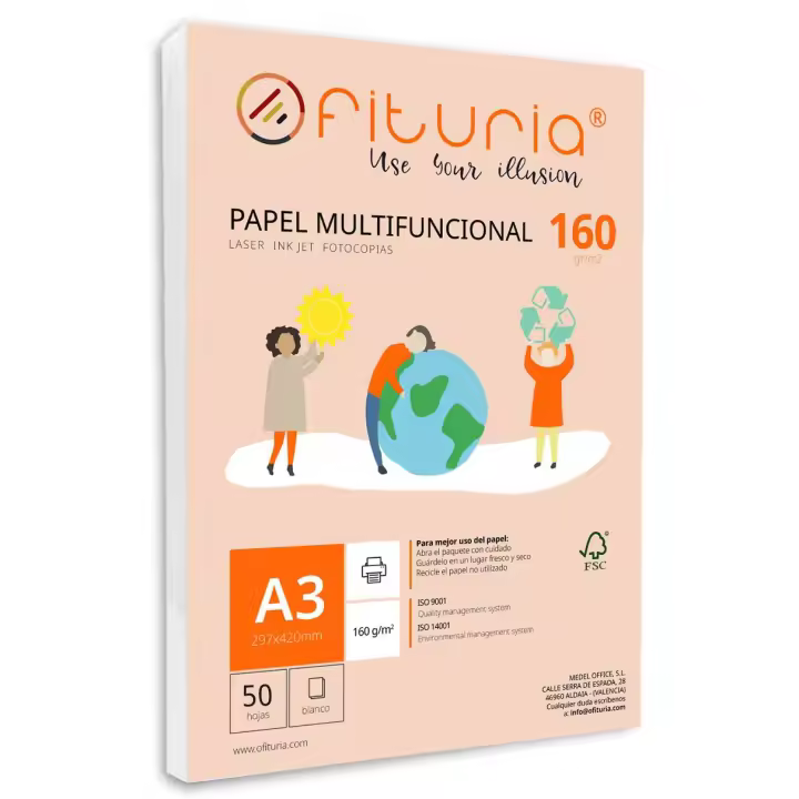 Paquete de folios A3 de 160gr con 50 Hojas Blancas, Papel Multifuncional para Uso Escolar y Entornos Laborales. Ideal con impresoras láser, de inyección o fotocopiadoras - Ofituria - 1