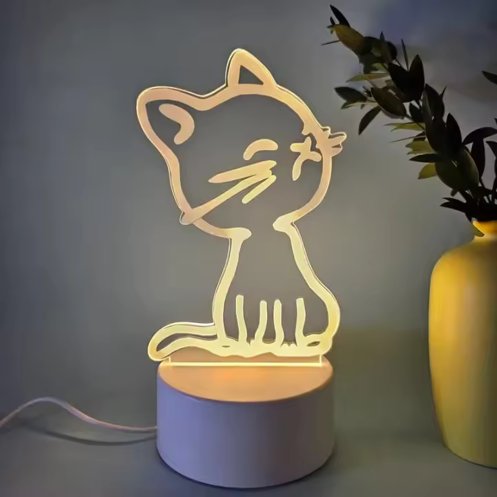 Lámpara De Noche 3D Ilusión Óptica Gato Con Toque Y Luz Ambiental Cambiante De 7 Colores Para Dormitorio - 1