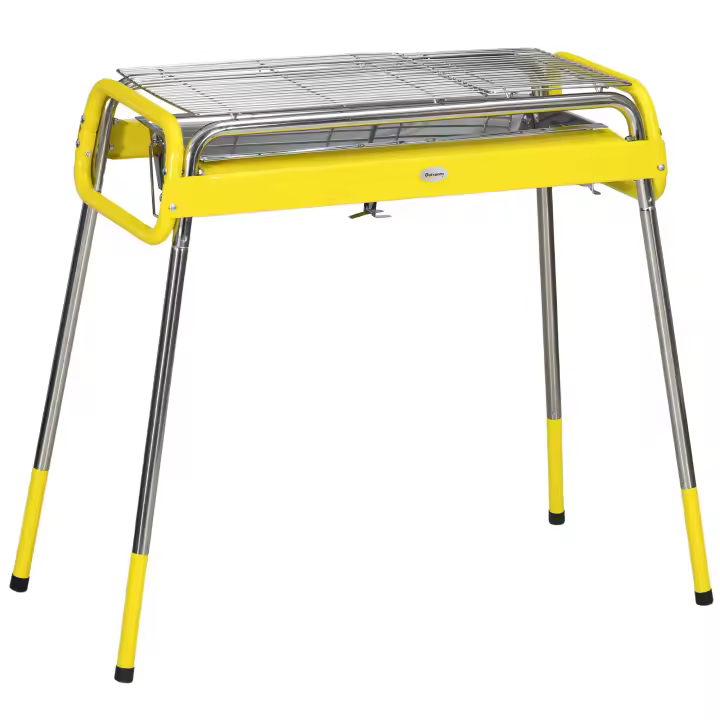 Outsunny Parrilla de Carbón, Parrilla para Barbacoa, Parrilla Plegable con 2 Parrillas, Placa para Parrilla, Patas Plegables, Bandeja de Carbón Extraíble, Parrilla para Camping, Acero Inoxidable, 85 x 43 x 72 cm, Amarillo - 1