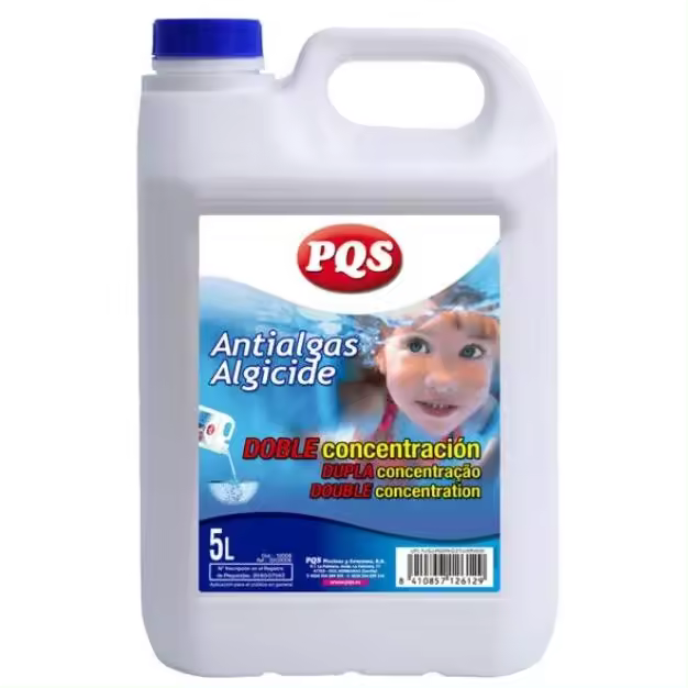 PQS ANTIALGAS DOBLE CONCENTRACIÓN Alguicida enérgico especialmente diseñado para prevenir y eliminar incrustaciones de algas en paredes y suelos de piscinas. No modifica el pH del agua, en las dosis recomendadas, no produce espuma. 5lt - 1