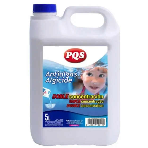 PQS ANTIALGAS DOBLE CONCENTRACIÓN Alguicida enérgico especialmente diseñado para prevenir y eliminar incrustaciones de algas en paredes y suelos de piscinas. No modifica el pH del agua, en las dosis recomendadas, no produce espuma. 5lt - 1