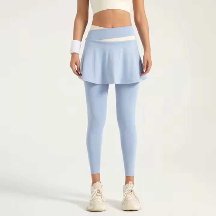 Nuevos pantalones de yoga falsos antiexposición de dos piezas con sensación de piel desnuda, alta elasticidad, combinación de colores, pantalones deportivos de cintura alta y levantamiento de cadera - 1