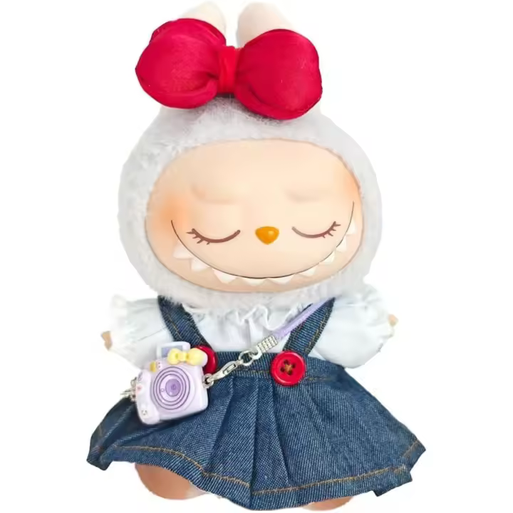 Accesorios de ropa para muñecas Labubu de 17 cm: top de encaje blanco, falda vaquera con tirantes y botones rojos - 1