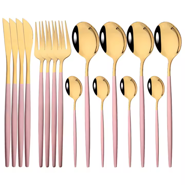 16PCs Cuchillo, Cuchillo, Cubierta Juego de Vajilla de Cena de Maple Inoxidiable Rosa - 1