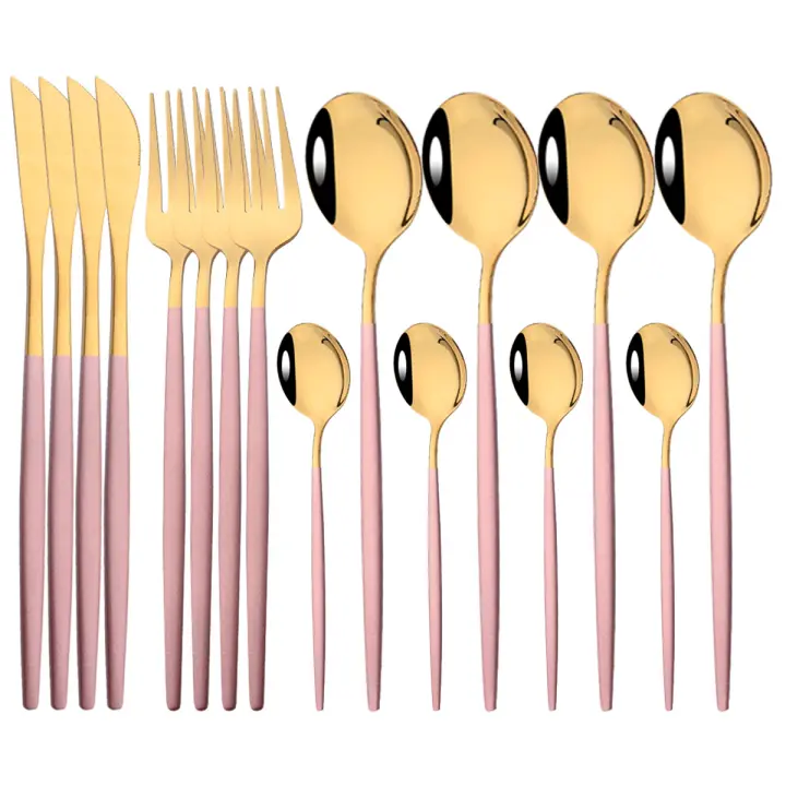 16PCs Cuchillo, Cuchillo, Cubierta Juego de Vajilla de Cena de Maple Inoxidiable Rosa - 1