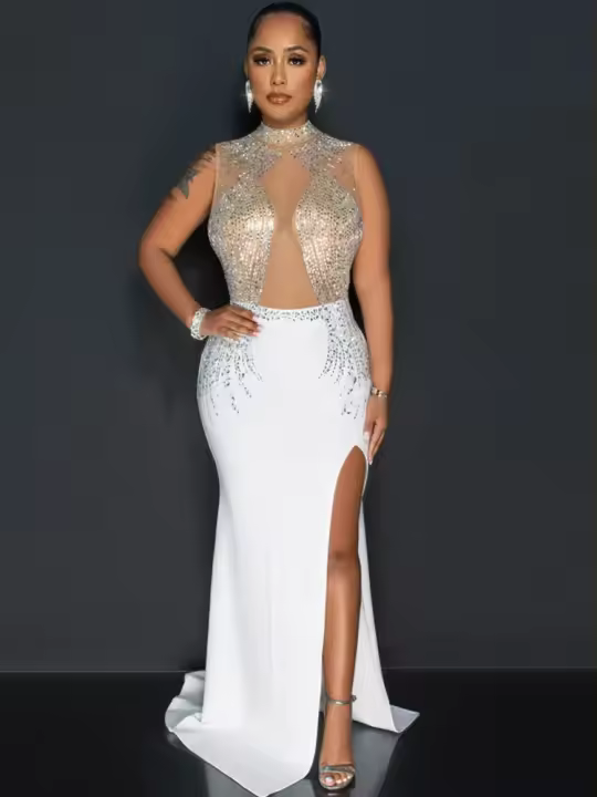 Vestido De Noche Largo Para Mujer Con Pedrería Y Abertura Alta Vestido De Seda Y Spandex Elegante Y Sexy Para Bodas Y Fiestas - 1