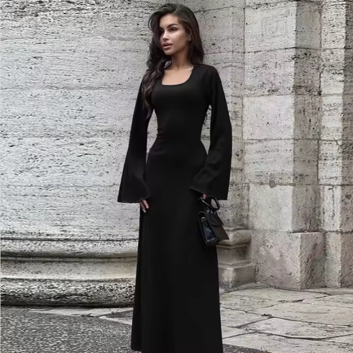 Vestido De Mujer Elegante Con Cuello Cuadrado Y Manga Larga Slim Ankle Strap Vestido De Polyester De Alta Estirabilidad Estilo Casual - 1
