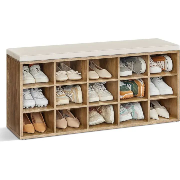 VASAGLE Banco Recibidor con 15 Compartimentos y Asiento Acolchado, EstanterÍa Almacenaje, Capacidad hasta 200 kg, Blanco Nube y Gris Paloma/Marrón Rústico y Marrón/Roble con Vetas Azul y Gris/Negro Ébano y Gris Pizarra/Beige Capuchino/Marrón Camello - 1