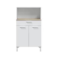 Meimon Mueble auxiliar de cocina 2 puertas y 1 cajón con hueco para microondas, estante interior, guías metálicas, patas aluminio blanco, tiradores ABS, tablero melaminizado TIPO E1, color Blanco Artik y Roble Canadian, medidas 126x72x40 cm, soporte 30 kg - details 0