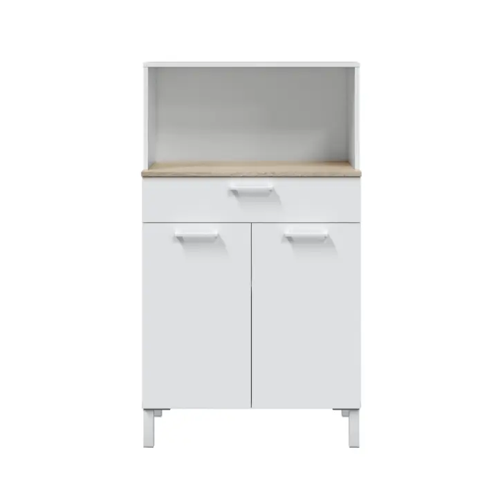 Meimon Mueble auxiliar de cocina 2 puertas y 1 cajón con hueco para microondas, estante interior, guías metálicas, patas aluminio blanco, tiradores ABS, tablero melaminizado TIPO E1, color Blanco Artik y Roble Canadian, medidas 126x72x40 cm, soporte 30 kg - 1