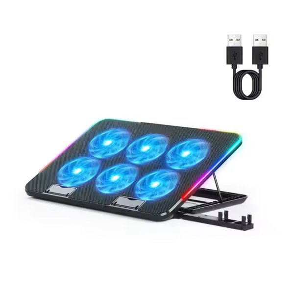 Enfriador de portátil para juegos, almohadilla de enfriamiento para portátil, 6 ventiladores LED silenciosos, flujo de aire potente, soporte ajustable para portátil, 2 interfaces USB - 1