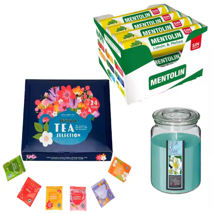 Pack Balsámico: MENTOLIN LIMON MEL S/A TUBO 12X20G + Vela perfumada con flor tiare + Set de Te con 24 bolsitas con diferentes sabores y aromas - 1