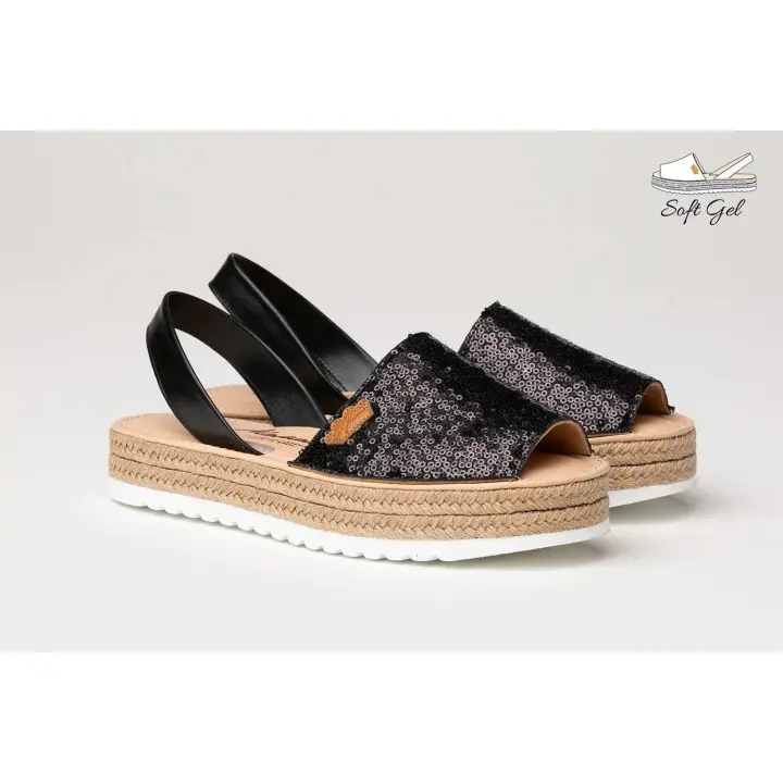 Mº1253 GLITTER NEGRO-NUDE-PLATA Y PLATINO IBICENCA GLITTER-SEQUINS EVA MAÑAS "GEL-MEMORY FOAM" Ibicenca Glitter -Sequins Eva Mañas "Gel-Memory Foam"Unas ibicencas ligeras, suaves y flexibles. Zapato tipo ibicenca fabricado en napa metalizada de piel bovin - 1