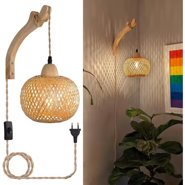 Lámpara de pared interior con enchufe E interruptor, lámpara de Bambú retro E27,lámpara de noche de Ratón (sin bombilla) - 1