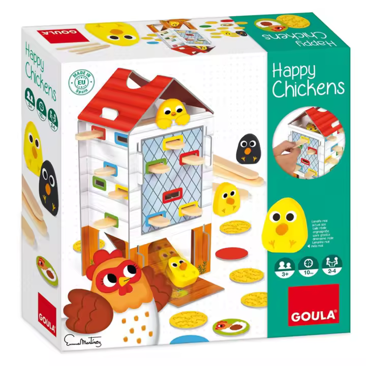 Juego habilidad Happy Chickens de madera Goula, encuentra los pollitos retirando los palos (Diset 53170) - 1