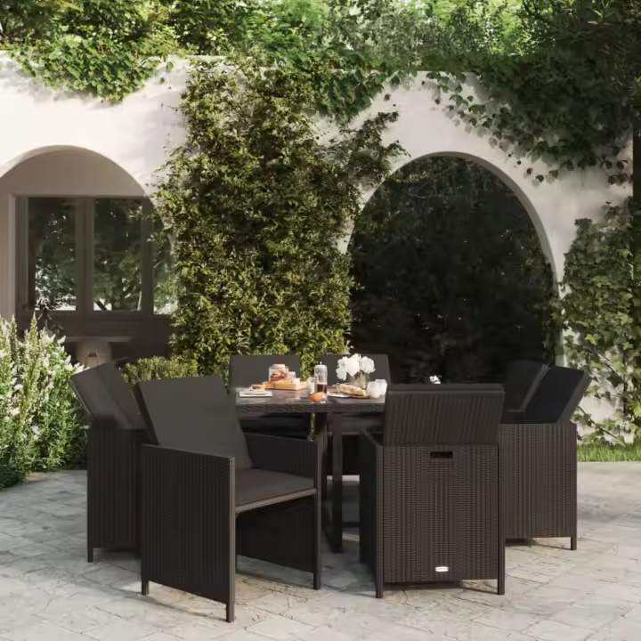 9 PCs con Alfajadas Negrias en Polyrattan Set De alcadero de Jardín - 1
