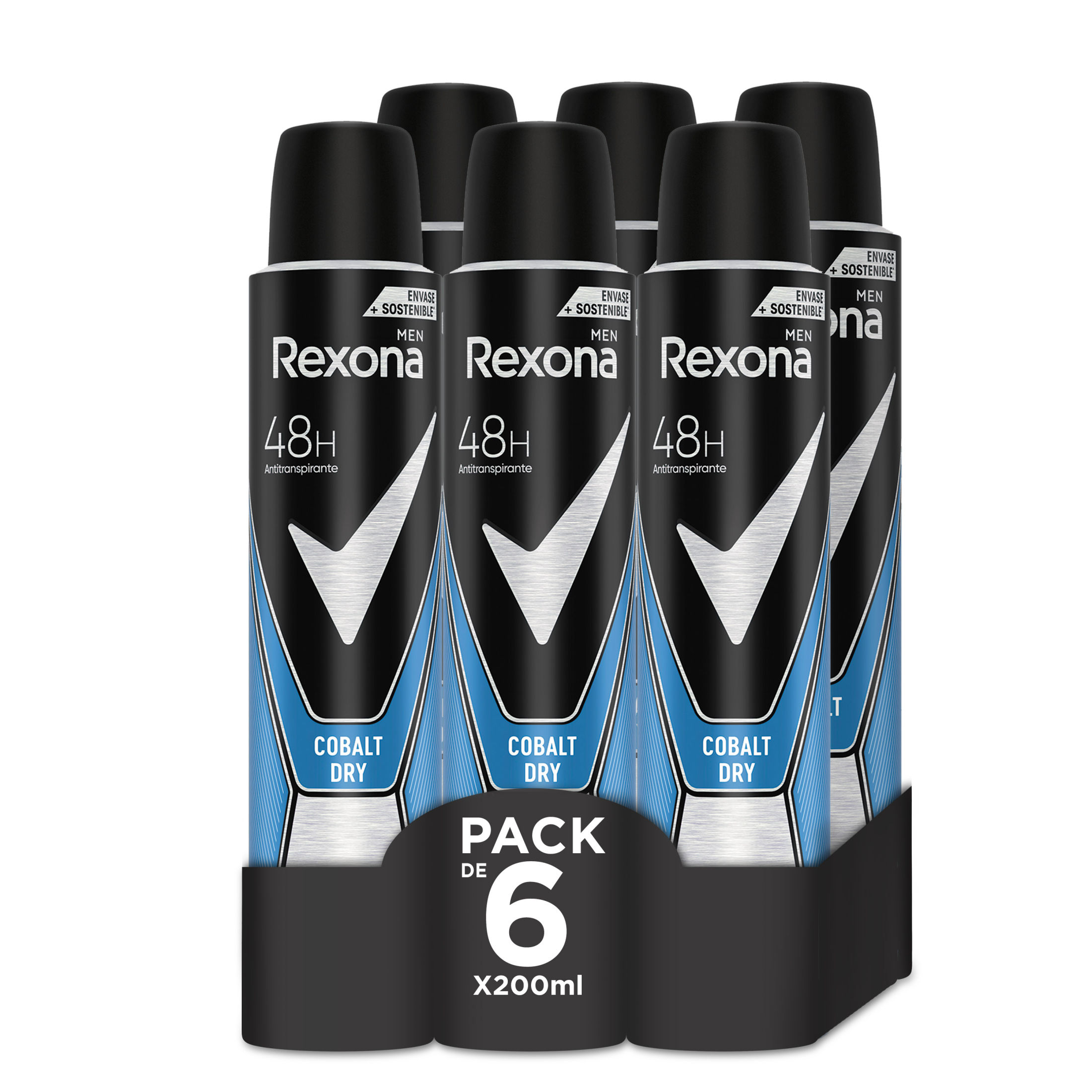 Rexona Desodorante Cobalt Dry para hombre, 48 horas de protección contra el sudor y mal olor 200ml - Pack de 6