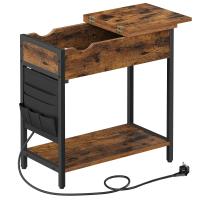 Mesa Auxiliar con Enchufes y Puerto USB - Mesita de Noche con Tablero Plegable, Estante y Bolsa de Tela, Estilo Vintage, Marrón/Negro, para Salón y Dormitorio - details 0
